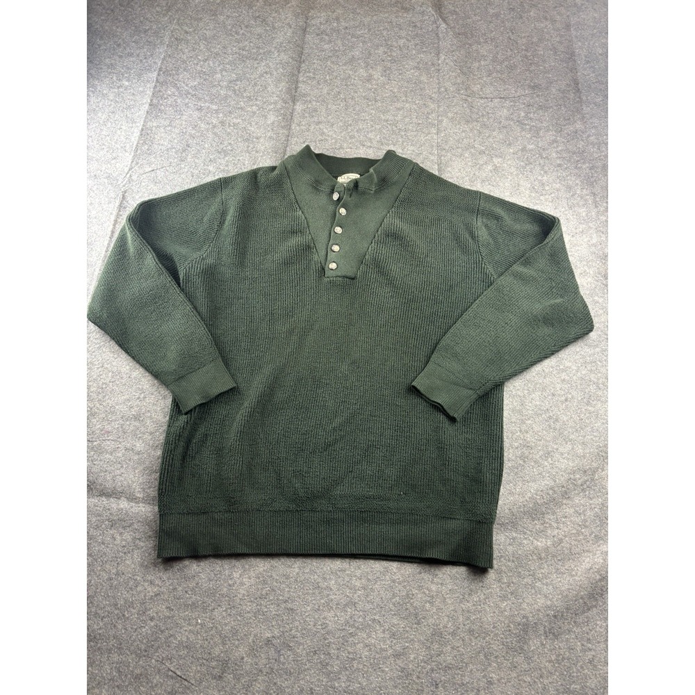 LL Bean Men L Tall Henley Sweater Dark Green 100% Cotton Ribbed Knit Granola VTG